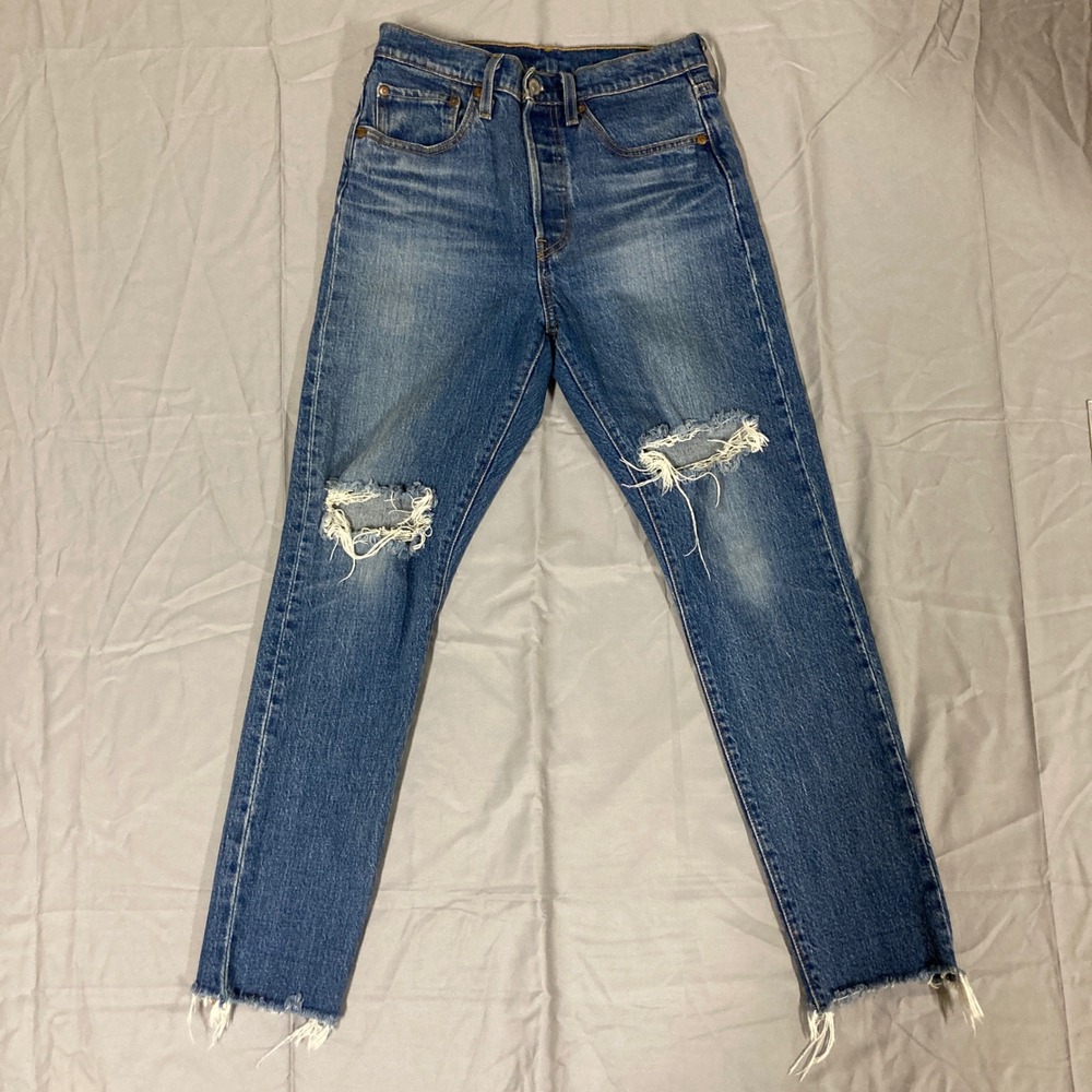 Levi Strauss 501 Skinny Jeans Women Blue Distressed Raw Measurements in photos. - Picture 2 of 16